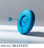 Bright blue target with silver arrow firmly struck in the center on a minimalist background. Стоковое AI-изображение, AI-художник Сергей Толмачёв / Фотобанк Лори