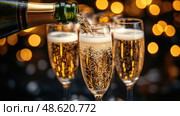 Champagne is being poured into fluted glasses, creating a festive atmosphere with sparkling bubbles and soft evening lights in the background. Стоковое AI-изображение, AI-художник Данила Большаков / Фотобанк Лори