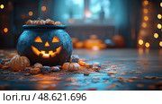 A charming jack-o'-lantern cauldron brimming with candy sits on a wooden floor, surrounded by pumpkins and festive lights on Halloween night. Стоковое AI-изображение, AI-художник Данила Большаков / Фотобанк Лори