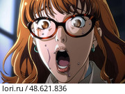 The young woman, wearing glasses, shows a shocked expression with sweat visibly dripping, suggesting a high-stress situation. Стоковое AI-изображение, AI-художник Данила Большаков / Фотобанк Лори