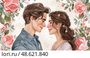 A young couple gazes lovingly at each other, framed by beautiful roses, reflecting warmth and romance between them in a charming artistic portrayal. Стоковое AI-изображение, AI-художник Данила Большаков / Фотобанк Лори