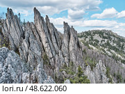 Jagged rock peaks and forested mountains, Two-headed sopka, in Taganay National Park, Russia. Стоковое фото, фотограф Ирина Кононова / Фотобанк Лори