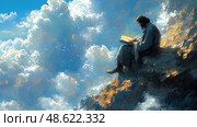 A person sits quietly on a cloud, deeply engrossed in reading a book while surrounded by a stunning array of fluffy clouds in bright blue skies. Стоковое AI-изображение, AI-художник Данила Большаков / Фотобанк Лори