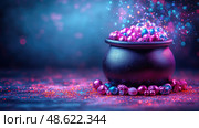 A black cauldron overflows with vibrant orbs, surrounded by sparkling particles and a misty blue and purple glow, creating a mystical atmosphere. Стоковое AI-изображение, AI-художник Данила Большаков / Фотобанк Лори