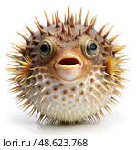 Close-Up of a Puffer Fish on a White Background. Generative AI. Стоковое AI-изображение, AI-художник Roman Zavorotny / Фотобанк Лори