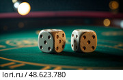 Dice resting on a green casino felt during a lively game night at a local gaming venue. Стоковое AI-изображение, AI-художник Сергей Толмачёв / Фотобанк Лори