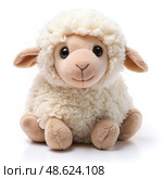 Stuffed Sheep Sitting on White Surface. Generative AI. Стоковое AI-изображение, AI-художник Roman Zavorotny / Фотобанк Лори