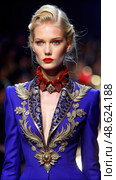 Woman Wearing Blue Dress With Red Bow Tie. Generative AI. Стоковое AI-изображение, AI-художник Roman Zavorotny / Фотобанк Лори