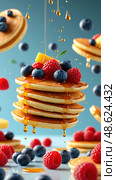 A stack of pancakes with blueberries and raspberries drizzled with honey. Стоковое AI-изображение, AI-художник Ярославский Максим / Фотобанк Лори