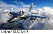 A fighter jet is flying through the sky with clouds in the background. Стоковое AI-изображение, AI-художник Ярославский Максим / Фотобанк Лори