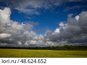 Весенний пейзаж с облаками у трассы М3. Редакционное фото, фотограф Дмитрий Неумоин / Фотобанк Лори