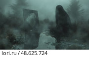 A gloomy person with a mystical mirror in the fog. Стоковое AI-видео, аниматор Виктория Новохацкая / Фотобанк Лори