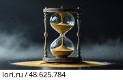 Elegant hourglass on a dark background symbolizes the passage of time and its inevitable flow. Стоковое AI-изображение, AI-художник Сергей Толмачёв / Фотобанк Лори