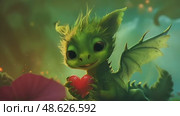 An Adorable Green Dragon Happily Holding a Heart in a Enchanting Magical Forest Scene. Стоковое AI-видео, аниматор Лариса Пономарева / Фотобанк Лори