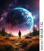 A man stands in a field looking up at a large planet. Стоковое AI-изображение, AI-художник Ярославский Максим / Фотобанк Лори