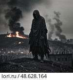 Mysterious figure stands amidst fire and smoke in a desolate landscape during a dramatic dusk. Стоковое AI-изображение, AI-художник Сергей Толмачёв / Фотобанк Лори