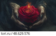 A flaming red rose in the hands of an elderly woman. Стоковое AI-видео, аниматор Виктория Новохацкая / Фотобанк Лори