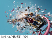 Excitement surges on a roller coaster as riders experience a thrilling rush and exploding confetti in a theme park setting. Стоковое AI-изображение, AI-художник Сергей Толмачёв / Фотобанк Лори