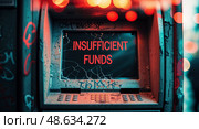 Bank ATM showing insufficient funds warning in urban setting at night with vibrant neon lights. Стоковое AI-изображение, AI-художник Сергей Толмачёв / Фотобанк Лори