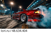 A red car is driving down a street with smoke coming out of the back. Стоковое AI-изображение, AI-художник Ярославский Максим / Фотобанк Лори