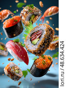 A close up of a variety of sushi rolls, including some with avocado and shrimp. Стоковое AI-изображение, AI-художник Ярославский Максим / Фотобанк Лори
