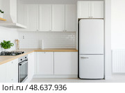 Modern trendy kitchen design with white cabinets. Subway tile backsplash, marble countertop. No brands or labels. Neutral contemporary design. Simply furniture with utensils, crockery, refrigerator. Стоковое AI-изображение, AI-художник Марина Демидюк / Фотобанк Лори