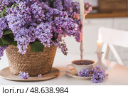 A large purple bouquet of lilacs in a wicker basket, a cup of tea and candles on the table. In the background is the interior of a modern white kitchen. The concept of home comfort. Стоковое фото, фотограф Photojuli / Фотобанк Лори