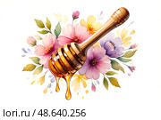 Golden honey dripper with colorful floral arrangement in watercolor style. Стоковое AI-изображение, AI-художник Башкирова Анна / Фотобанк Лори