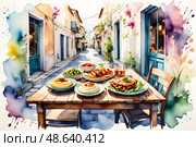 Mediterranean street feast: vibrant outdoor table with traditional dishes in quaint alley. Стоковое AI-изображение, AI-художник Башкирова Анна / Фотобанк Лори