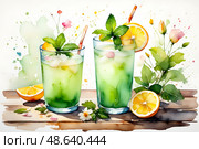 Refreshing green citrus cocktails with lemon garnish and fresh mint. Стоковое AI-изображение, AI-художник Башкирова Анна / Фотобанк Лори