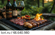 Juicy steaks and vegetables sizzle on a grill beside bottles of red wine as the sun sets in a peaceful outdoor atmosphere. Стоковое AI-изображение, AI-художник Данила Большаков / Фотобанк Лори