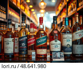 Крепкий алкоголь на полках винного магазина/ Whiskey bottles on the shelves in a liquor store, food and drink background. Стоковое AI-изображение, AI-художник Iva Noel / Фотобанк Лори