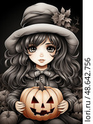 A girl with long hair and a large hat carefully embraces a jack-o'-lantern amidst a backdrop of autumn foliage and pumpkins for Halloween fun. Стоковое AI-изображение, AI-художник Данила Большаков / Фотобанк Лори