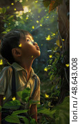 A child stands mesmerized in a vibrant forest, surrounded by twinkling fireflies as the day transitions into twilight. Стоковое AI-изображение, AI-художник Данила Большаков / Фотобанк Лори