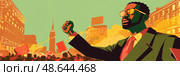 Crowds gather in New York City as a passionate leader raises a fist, symbolizing unity and defiance while advocating for social justice and equality. Стоковое AI-изображение, AI-художник Данила Большаков / Фотобанк Лори