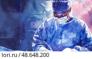 A surgeon in scrubs and a mask focuses intently while conducting a surgical operation, ensuring precision and care. Стоковое AI-изображение, AI-художник Данила Большаков / Фотобанк Лори