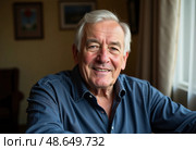 A Belarus resident exudes charm and joy while sitting at home, with sunlight streaming through the window, highlighting the warmth of his character and surroundings Generative AI. Стоковое AI-изображение, AI-художник Юлия Петровская / Фотобанк Лори