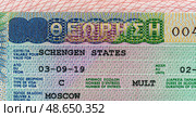 Close-up of a Schengen visa with detailed security features. Стоковое фото, фотограф Емельянов Евгений Викторович / Фотобанк Лори