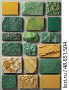 Multiple unakite blocks display unique green and yellow patterns, highlighting the natural beauty and geological diversity of metamorphic rocks Generative AI. Стоковое AI-изображение, AI-художник Юлия Петровская / Фотобанк Лори