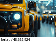 Yellow off-road vehicles lined up in a modern showroom during the day. Стоковое AI-изображение, AI-художник Михаил Коханчиков / Фотобанк Лори