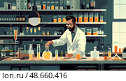 A scientist in a lab coat carefully mixes solutions in a beaker surrounded by various chemical equipment and colorful liquids. Стоковое AI-изображение, AI-художник Данила Большаков / Фотобанк Лори