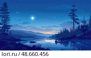 A calm lake reflects the twilight sky as a canoeist glides quietly across the water beneath a bright moon. Стоковое AI-изображение, AI-художник Данила Большаков / Фотобанк Лори