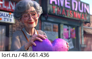 An elderly woman smiles warmly while grasping a heart-shaped balloon in a lively street filled with vibrant signs and colors. Стоковое AI-изображение, AI-художник Данила Большаков / Фотобанк Лори