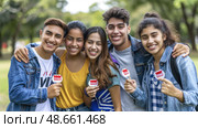A group of five friends joyfully display their I Voted stickers while enjoying a sunny day in a green park, embracing civic engagement. Стоковое AI-изображение, AI-художник Данила Большаков / Фотобанк Лори