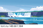 Bright blue skies overlook the iconic Niagara Falls as water cascades over cliffs, with sailboats gliding on tranquil waters nearby. Стоковое AI-изображение, AI-художник Данила Большаков / Фотобанк Лори