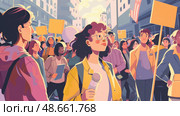 A diverse group of passionate individuals gather in a city street, holding signs and chanting for social justice under a bright sky. Стоковое AI-изображение, AI-художник Данила Большаков / Фотобанк Лори