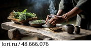 Herbalist preparing a traditional remedy with smoldering herbs. Стоковое AI-изображение, AI-художник Юрий Поздников / Фотобанк Лори