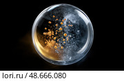 Golden and silver nanoparticles bouncing inside glass sphere on black background. Стоковое AI-изображение, AI-художник Юрий Поздников / Фотобанк Лори