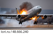 Airplane performing extreme maneuver with fire and smoke during flight test. Стоковое AI-изображение, AI-художник Юрий Поздников / Фотобанк Лори