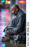 Homeless man sheltering from rain in city at night. Стоковое AI-изображение, AI-художник Юрий Поздников / Фотобанк Лори